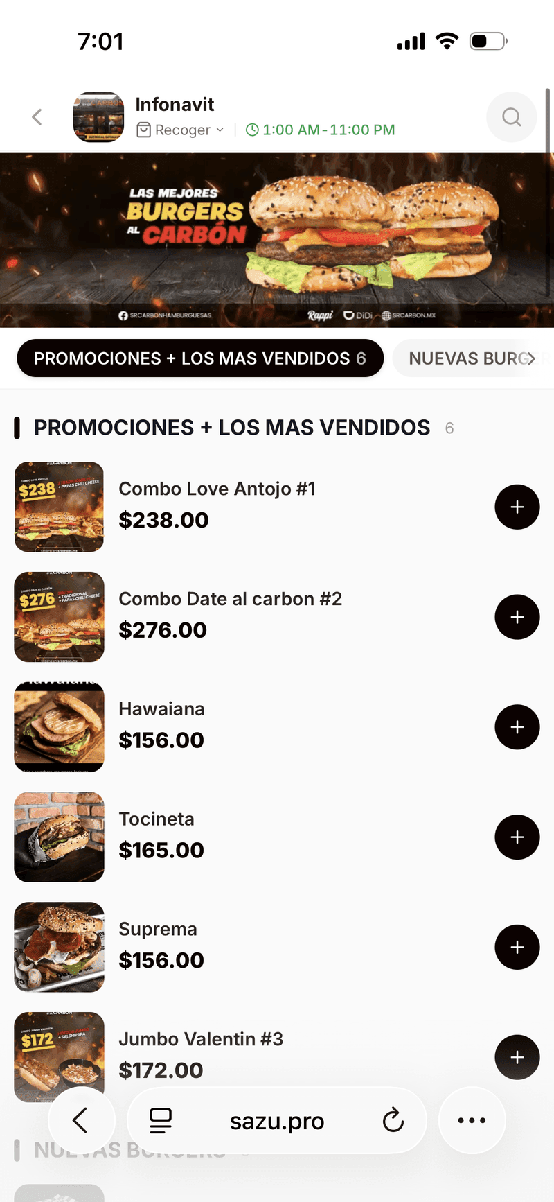 Vista previa de menú digital Sazú en móvil